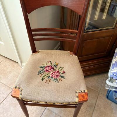 Sale Photo Thumbnail #14: Wood side chair with embroidered seat. $30.00 or best offer.