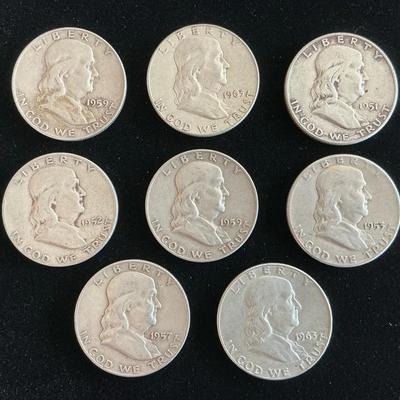8 Franklin Silver Half-Dollars 