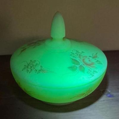 Fenton Custard Uranium Glass Hand Painted Trinket Candy Dish