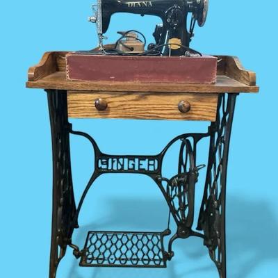 Vintage Diana Sewing Machine w/ Case & Antique Singer Treadle Table