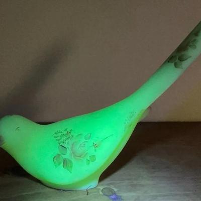 Fenton Custard Uranium Glass Hand Painted Bird with Long Tail