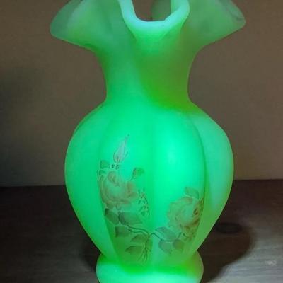 Fenton Custard Uranium Glass Hand Painted Fluted Vase