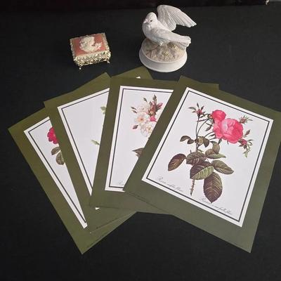 Vintage Sankyo Cameo Music Box, Gorham Bird Music Box + Set of 4 Pierre-Joseph Redout Prints