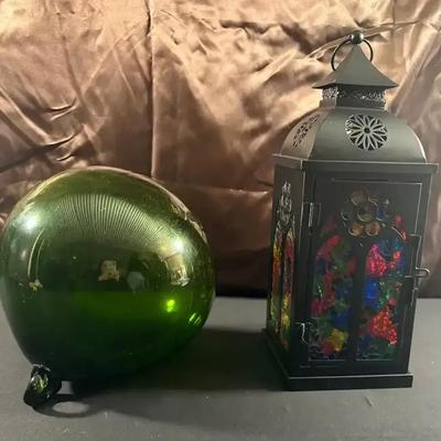 Glass/Metal Lantern + Large Glass Decorative Ball