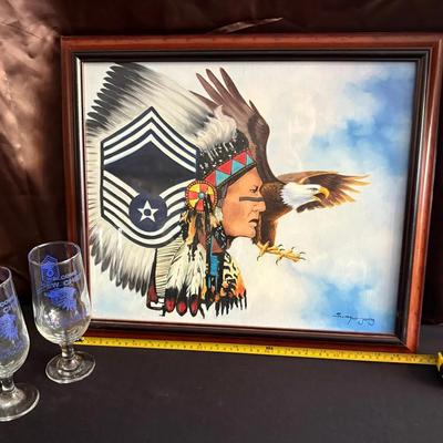 Framed US Air Force Chief Original Painting + Commemorative Water Goblets