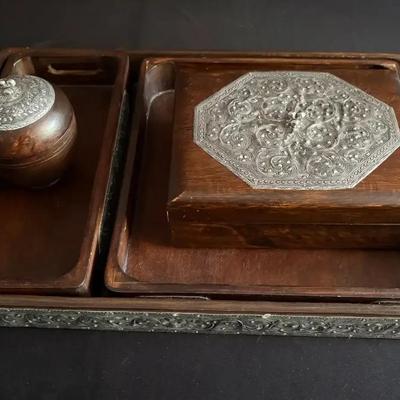 Wooden Trays, Box and Jar w/Embossed Metal Accents