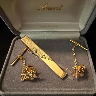 Anson Goldtone Tie Clip & Cufflinks (Duck + "N" Initial)