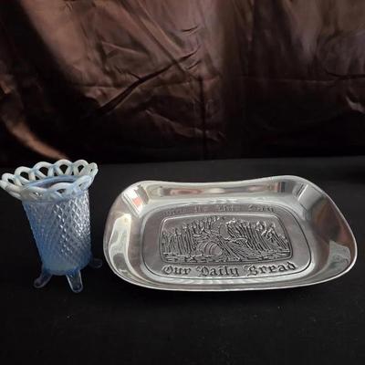 Wilton Armetale Pewter Bread Tray + Vintage Imperial Glass Co. Blue Opalescent Vase