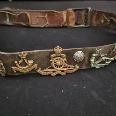 Vintage Leather Belt w/Various Military Brass Insignia