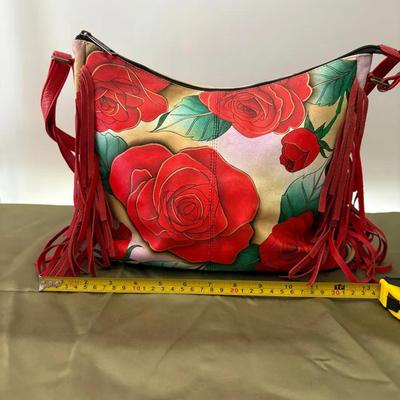 Anuschka Hand Painted Leather Hobo Fringed Roses Handbag