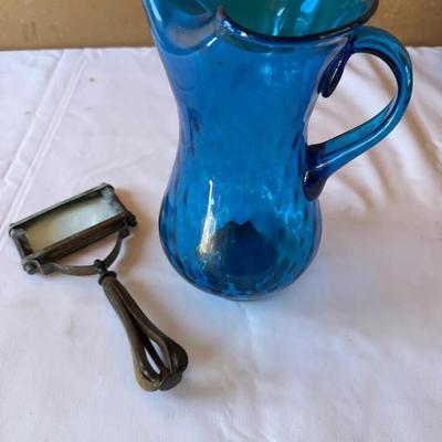 Antique Magnifying Glass & Blue Glass Pitcher