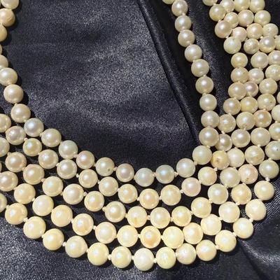 Vintage Five-Strand Genuine Cultured Freshwater Pearl Necklace Set – Hand-Knotted 6.5mm Cream Luster