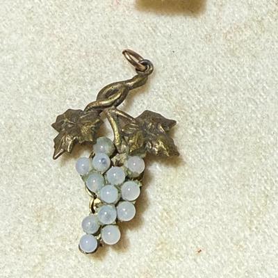 Vintage Opaline Glass Grape Cluster Pendant | Brass Vine & Leaf Design | c. 1930s–1950s | L.S. Ay