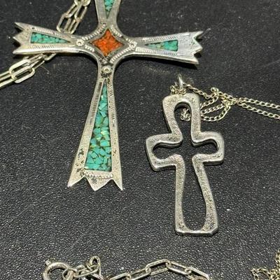 Sterling Silver Turquoise & Coral Cross Pendants – Southwestern Artisan Set ????