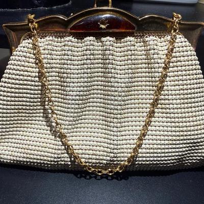 Vintage Whiting & Davis Enameled Mesh Evening Bag – 1940s Hollywood Glam Brass Frame Purse w/ Chain 