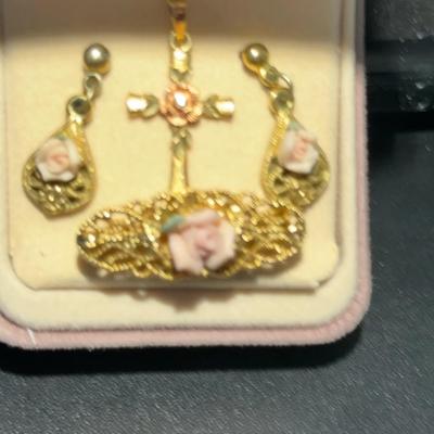 Vintage 10K Gold Rose necklace and cross //earrings ,& Brooch – gold toned Floral Filigree