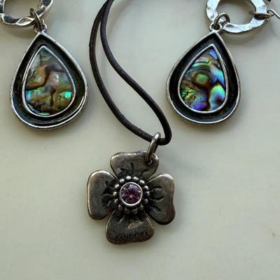 Abalone Shell Sterling Earrings & Pandora Flower Pendant Necklace – Ocean Glow & Vintage Charm 
