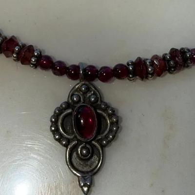 Violet Garnet Necklace with Ornate Sterling Silver Pendant – Deep Plum Beaded Elegance