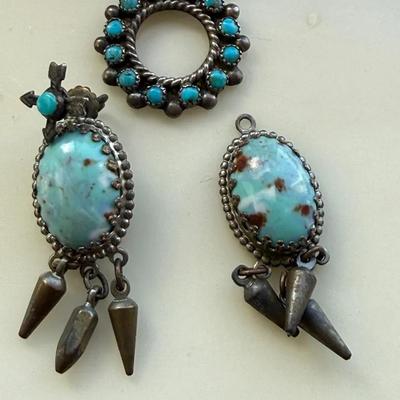 Vintage Southwestern Sterling & Turquoise Jewelry Lot – Dangle Earrings and Circular Pendant