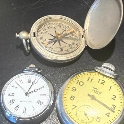 Vintage Pocket Watch & Compass Lot – Rex, Antimagnetic, and Wittnauer Compass Trio