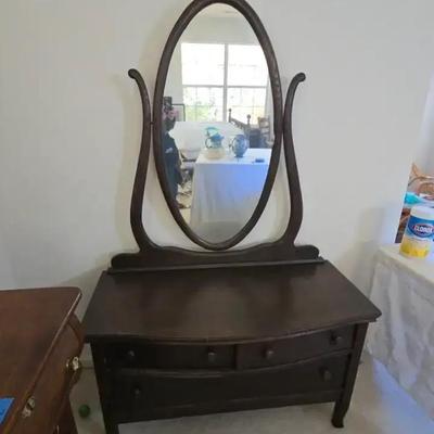 Vintage Mahogany Stained Dresser With Three Drawers And Oval Mirror