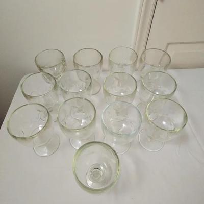 Set Of 13 Vintage Footed Glass Goblets, Most In Thumbprint Design