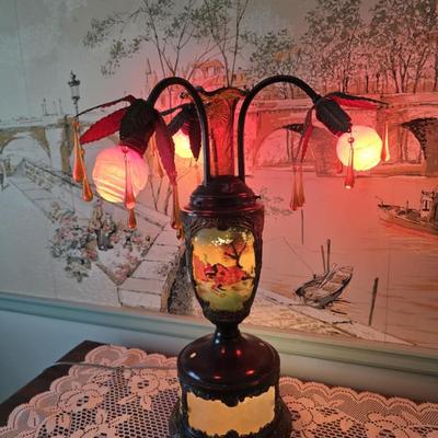 Sale Photo Thumbnail #47: Gorgeous Art Nouveau reverse painting epergne lamp. See the details in the following photos. 