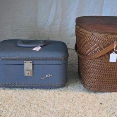 Sale Photo Thumbnail #53: Vintage travel case, enamel pot and picnic basket