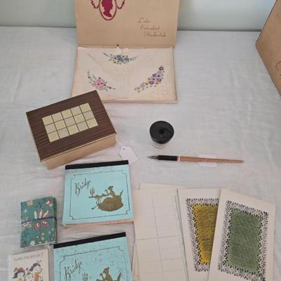 Sale Photo Thumbnail #64: Vintage hanky set, West Germany tin,  & Bridge game accessories