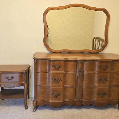 Sale Photo Thumbnail #88: Available for early sale!
You must bring help to move and load.
Vintage Bassett side table and dresser with mirror.