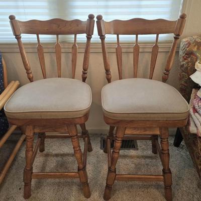 Sale Photo Thumbnail #102: Pair of very nice, heavy wood swivel bar stools