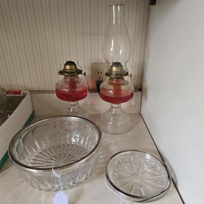 Vintage glassware and oil lamps