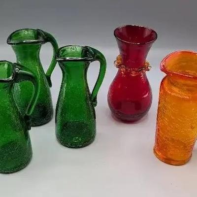 Hand Blown Crackle Glass Pitchers