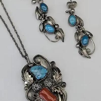 Harry Slim Navajo Turquoise and Coral Pendant