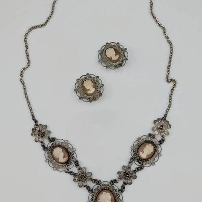 Filigree Cameo Necklace and Earrings 