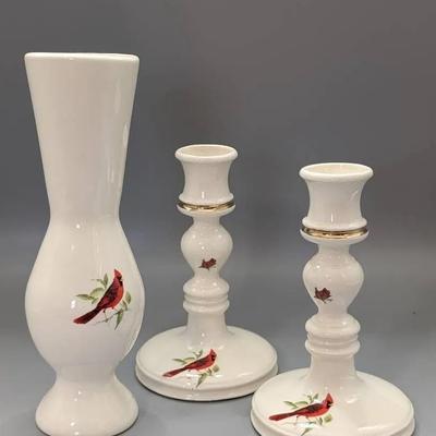 Porcelain Cardinal Vase and Candle Holders 