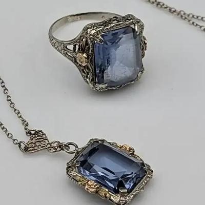 1920's Art Deco 10K Filigree Ring and Pendant 