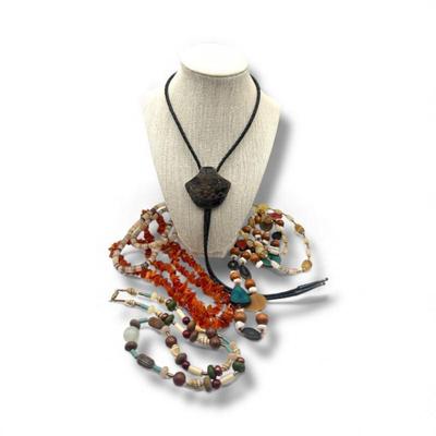 Sterling Silver Bolo Tie by Ben J. Chavez + Stone & Shell Necklaces	