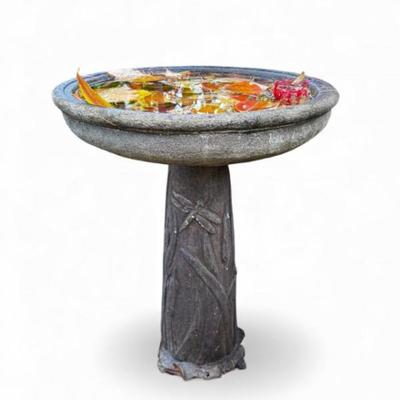 Concrete Birdbath w/ Dragonfly Relief – 27" Tall	