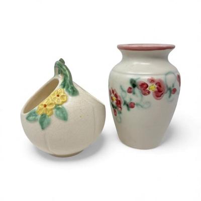 Vintage Weller Pottery Roba Vase #116 & Basket F-11 – Floral Design	