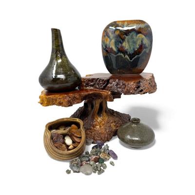 Cascadia Stoneware & Studio Pottery Vases w/ Burlwood Stand & Stones	