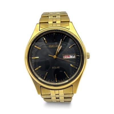 Seiko Solar Gold Tone Men’s Watch – Black Dial, Day/Date, Japan	