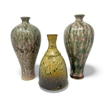 Set of 3 Studio Pottery Vases – Textured Drip Glaze Finishes	