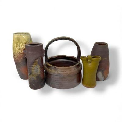 Studio Art Pottery Lot – 5 Vases & Basket, Wood-Fired/Stoneware	
