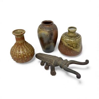 Studio Pottery Vases (Set of 3) + Cast Iron Beetle Boot Jack	