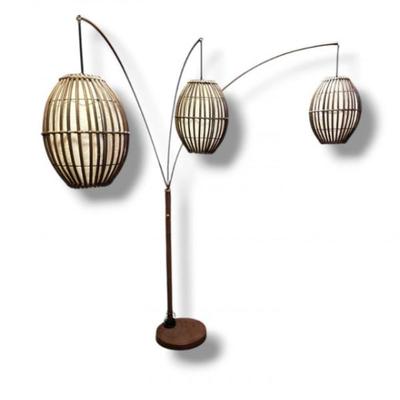 Vintage Tiki Bamboo Arc Floor Lamp – 3 Shade Copper Finish, Tested	