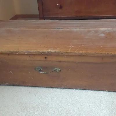 Antique Wooden Blanket Chest with Brass Handle & Hinged Lid
