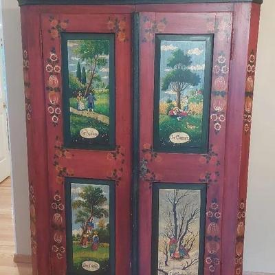Mid-Century Hand-Painted European Folk Art Wardrobe-“Four Seasons” Design (Knock-Down Construction)