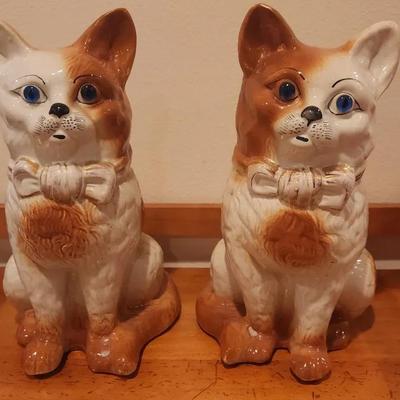 Pair of Vintage Ceramic Cat Figurines with Bows (c. 1950s–1960s)
