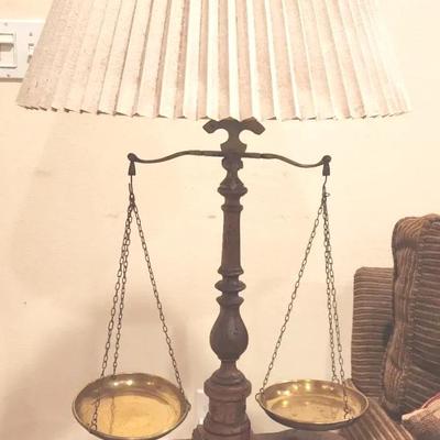 Vintage Balance Scale Lamp with Brass Pans
